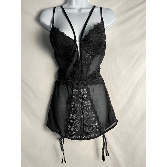 Lovehoney Black Lace Babydoll Garter Lingerie Plus Size 1X 2X Sheer - Picture 1 of 6